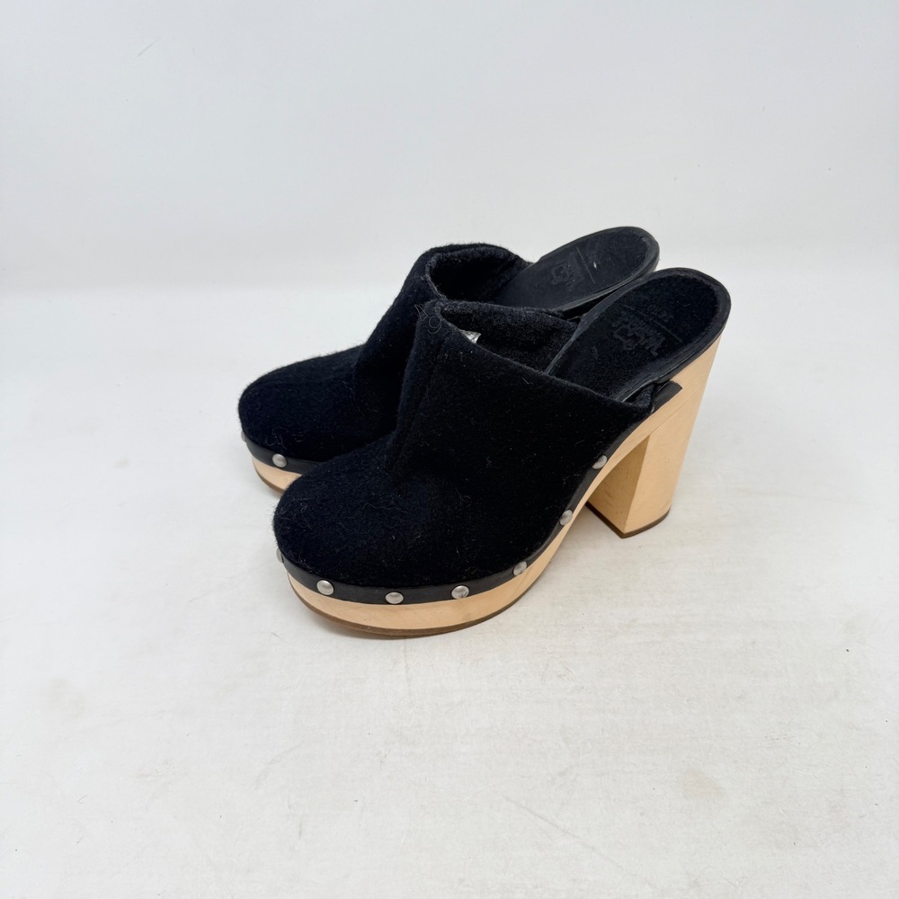 Woolrich Clog Mules Black 7 Studded Platform Wood Heel Boho Rustic Scandinavian